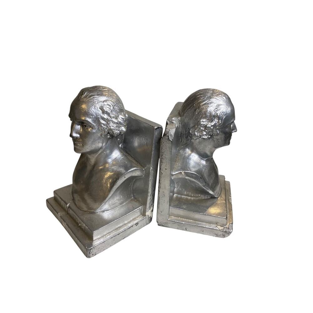 1960 Distressed Pair of Bookends Silver Bust of Washington Plaster Creepy